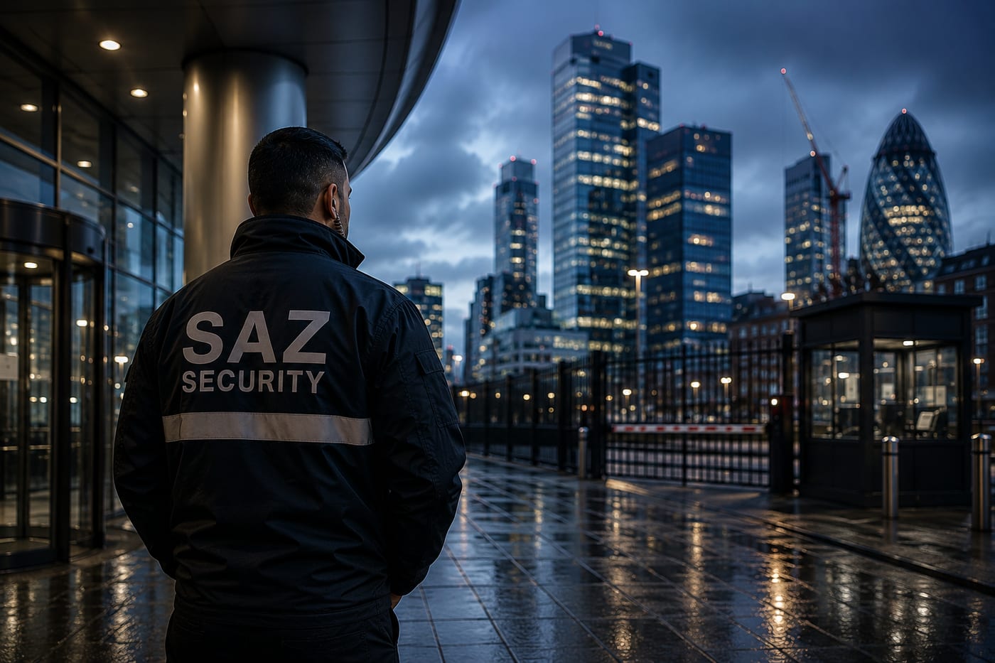 A Saz Security officer keeping watch over a London commercial district at dusk